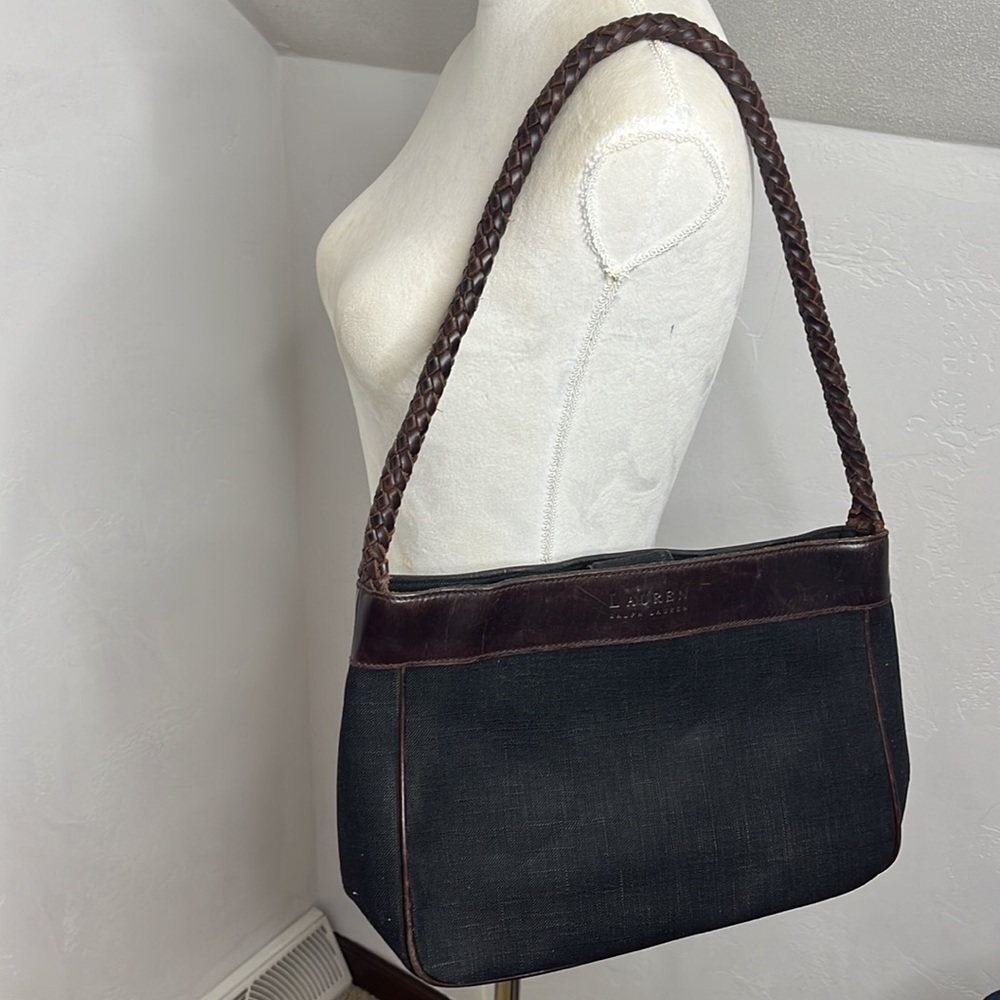 Lauren Ralph Lauren Black Linen Brown Leather Braided Handle Bag MCB4410G